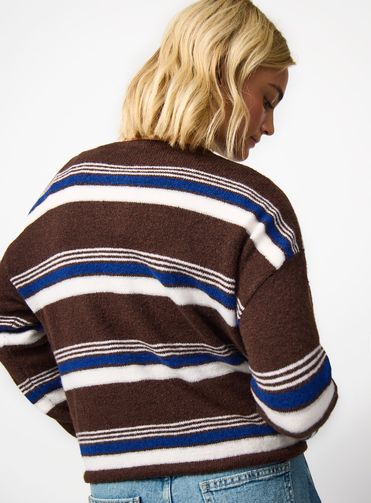 Brown Stripe Print Drawcord Hem Crew Neck Cardigan M - Image 4 thumbnail